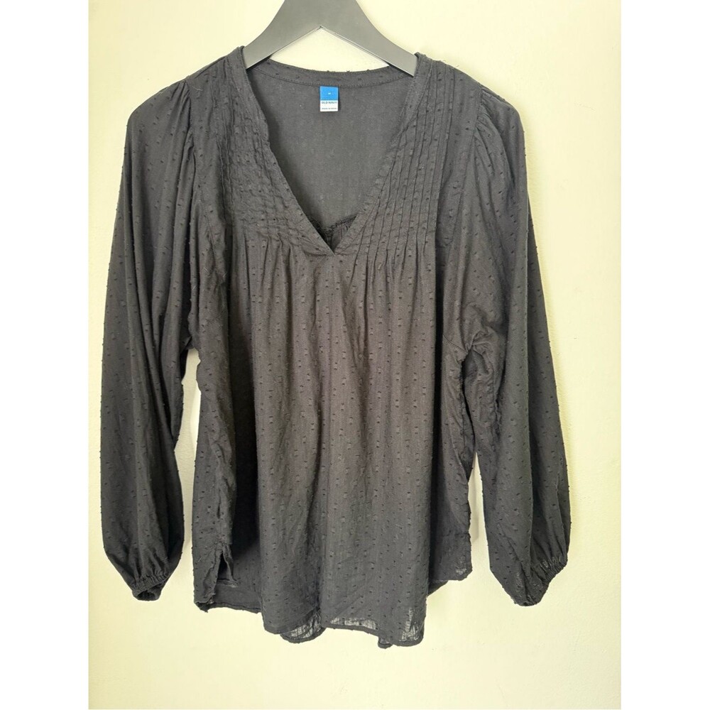 Old Navy Black Clip Dot Poet Tunic Blouse Pleated Puff Long Sleeve Top Medium